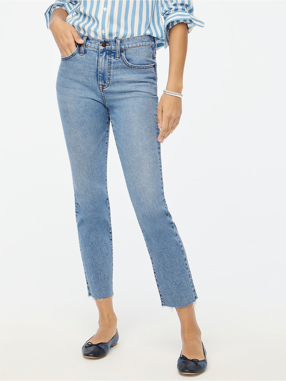 J Crew Petite essential straight jean in all-day stretch in Marin Wash